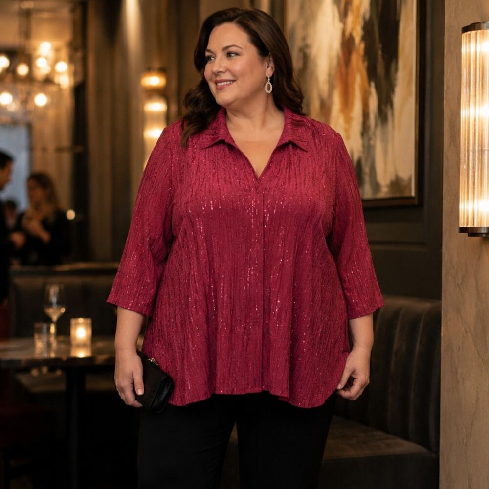 Berry Red Sequin Crinkle Blouse 24W Plus Size Textured Dressy Top Curvy Style